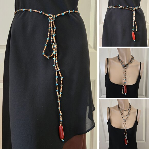 Handmade Wood & Turquoise Beaded Belt 70" - Picture 1 of 8